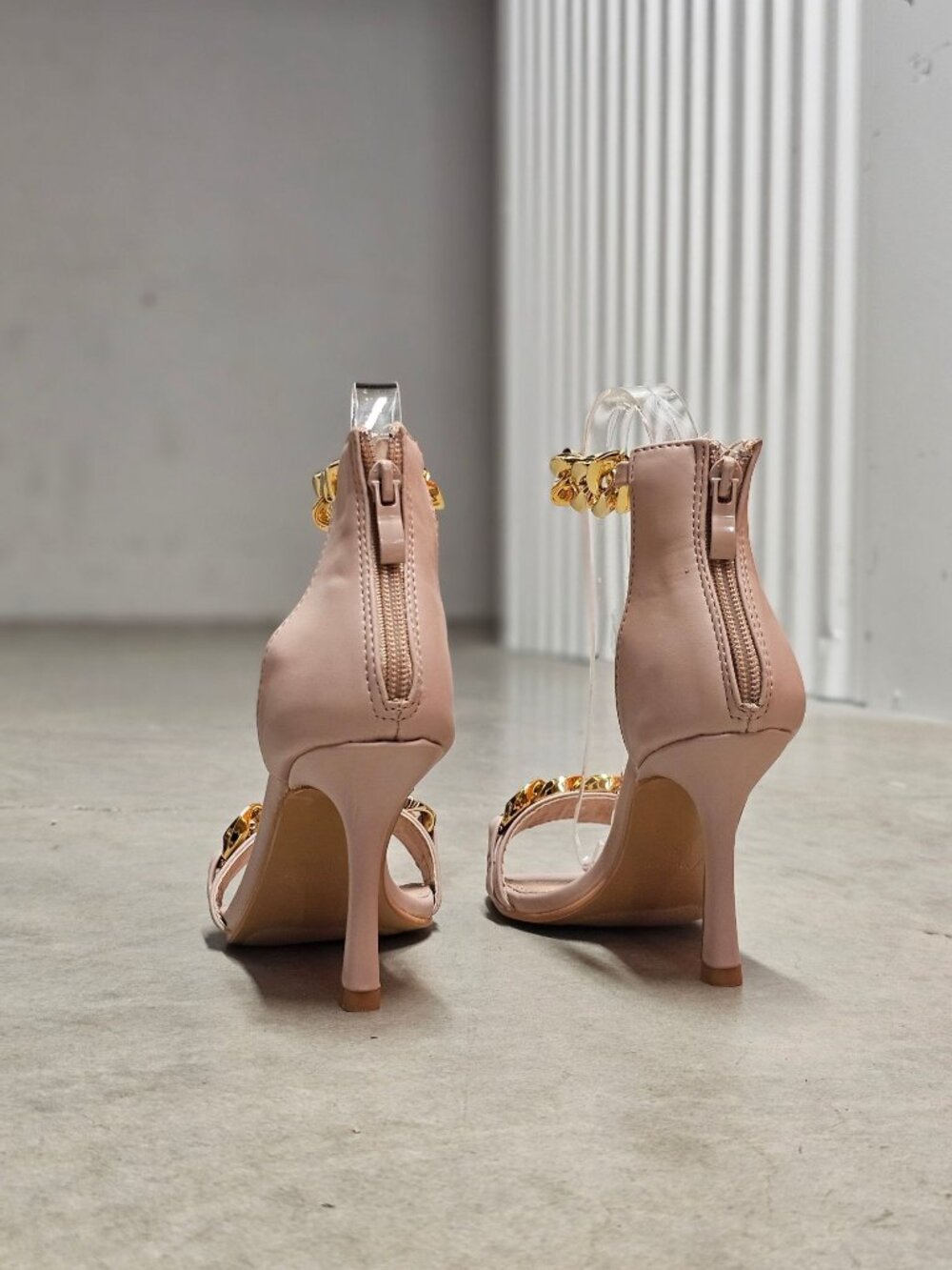 Blush Pink High Heel Sandals With Gold Chain Ankle Strap Square Toe Back Zipper - Picture 9 of 12